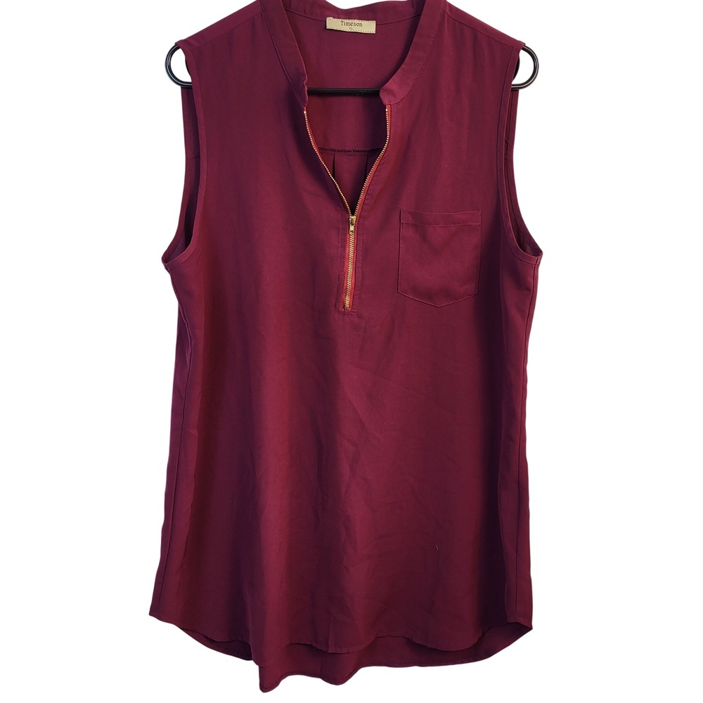 Timeson Womens XL Burgundy Sleeveless Blouse Zip Front Pocket Work Career Top